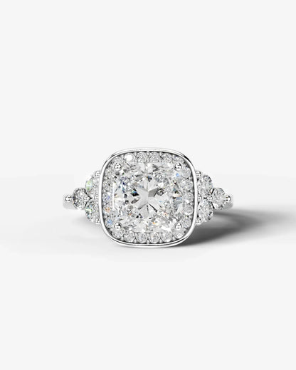 Cushion Cut Halo Lab Grown Diamond Engagement Ring with Side Stones| D VS1