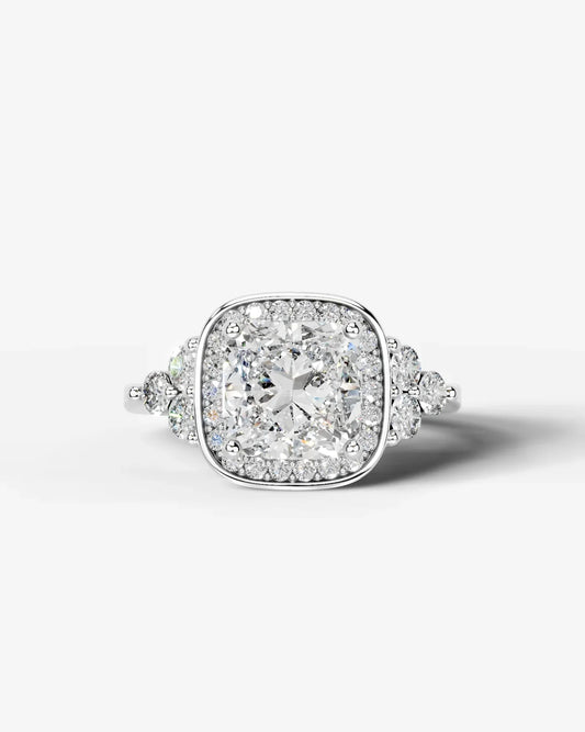 Cushion Cut Halo Lab Grown Diamond Engagement Ring with Side Stones| D VS1