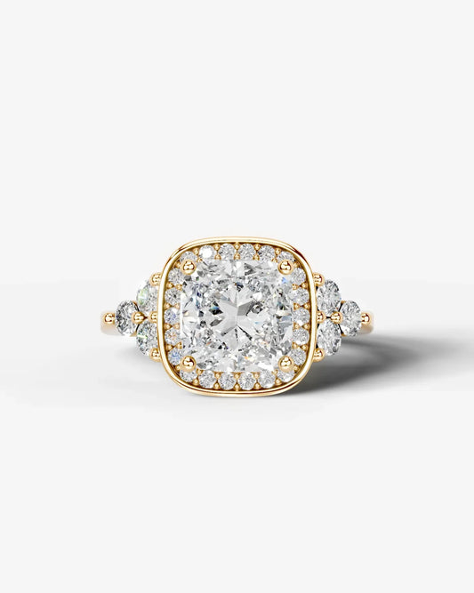 Cushion Cut Halo Lab Grown Diamond Engagement Ring with Side Stones| D VS1