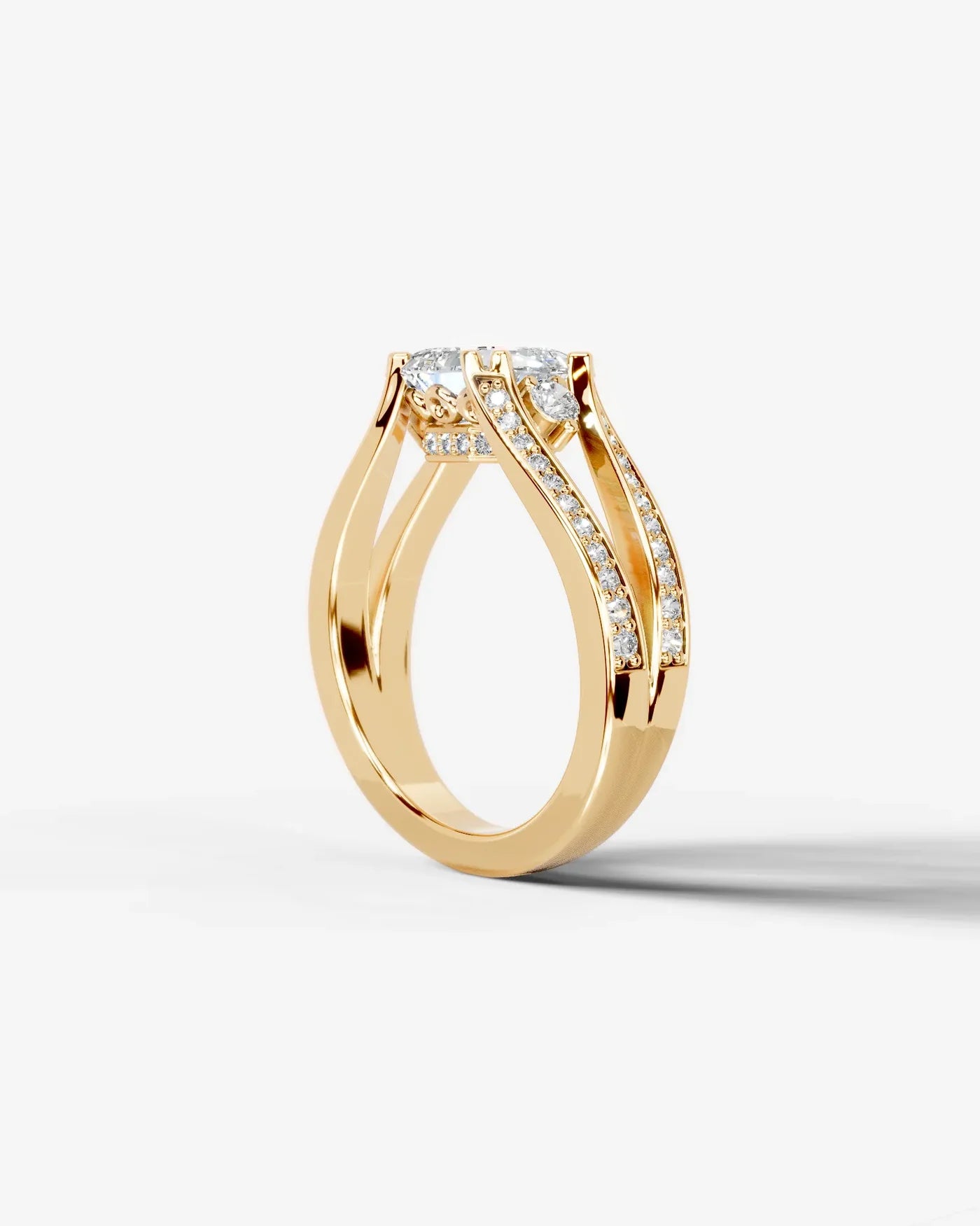 Asscher Cut Lab Diamond Engagement Ring with split shank pave band and hidden halo| D VS1