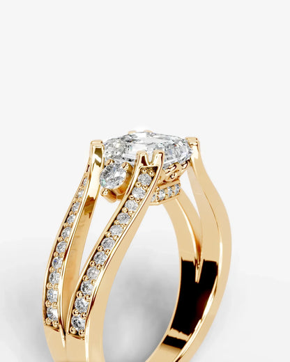 Asscher Cut Lab Diamond Engagement Ring with split shank pave band and hidden halo| D VS1