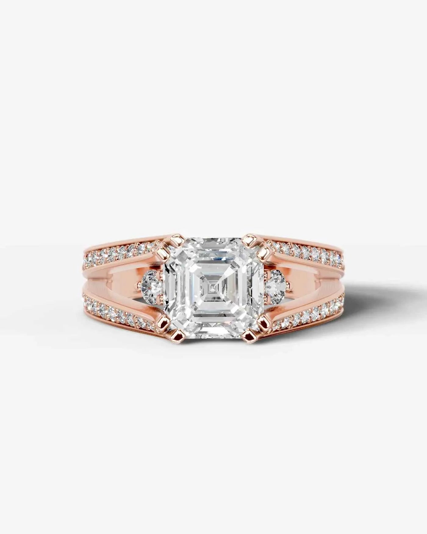 Asscher Cut Lab Diamond Engagement Ring with split shank pave band and hidden halo| D VS1