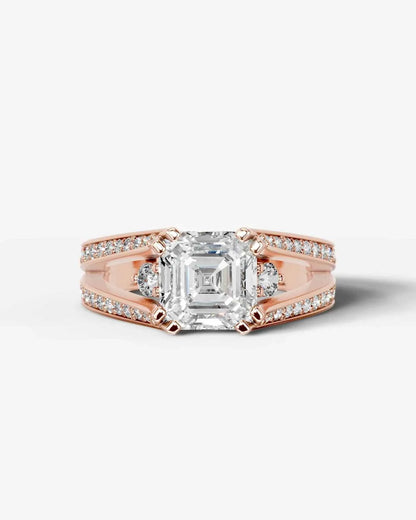Asscher Cut Lab Diamond Engagement Ring with split shank pave band and hidden halo| D VS1