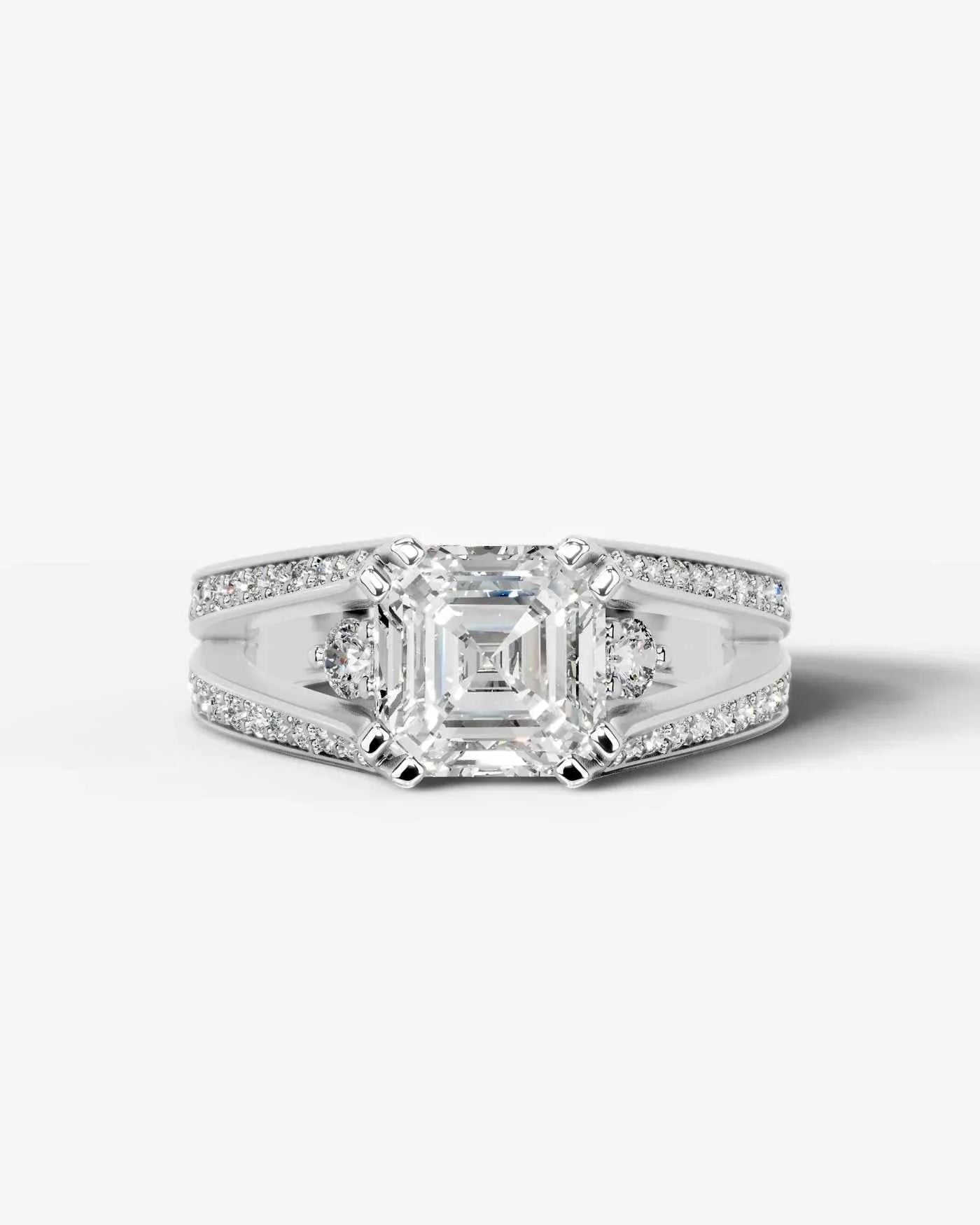 Asscher Cut Lab Diamond Engagement Ring with split shank pave band and hidden halo| D VS1