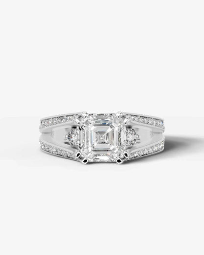Asscher Cut Lab Diamond Engagement Ring with split shank pave band and hidden halo| D VS1