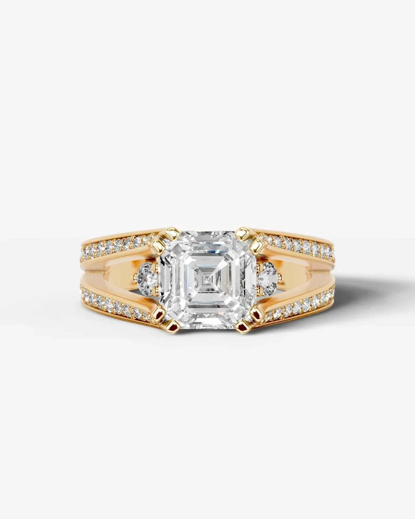 Asscher Cut Lab Diamond Engagement Ring with split shank pave band and hidden halo| D VS1