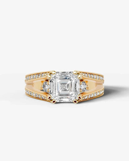 Asscher Cut Lab Diamond Engagement Ring with split shank pave band and hidden halo| D VS1