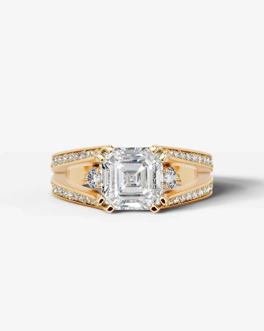 Asscher Cut Lab Diamond Engagement Ring with split shank pave band and hidden halo| D VS1