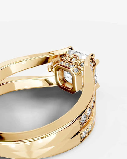 Asscher Cut Lab Diamond Engagement Ring with split shank pave band and hidden halo| D VS1