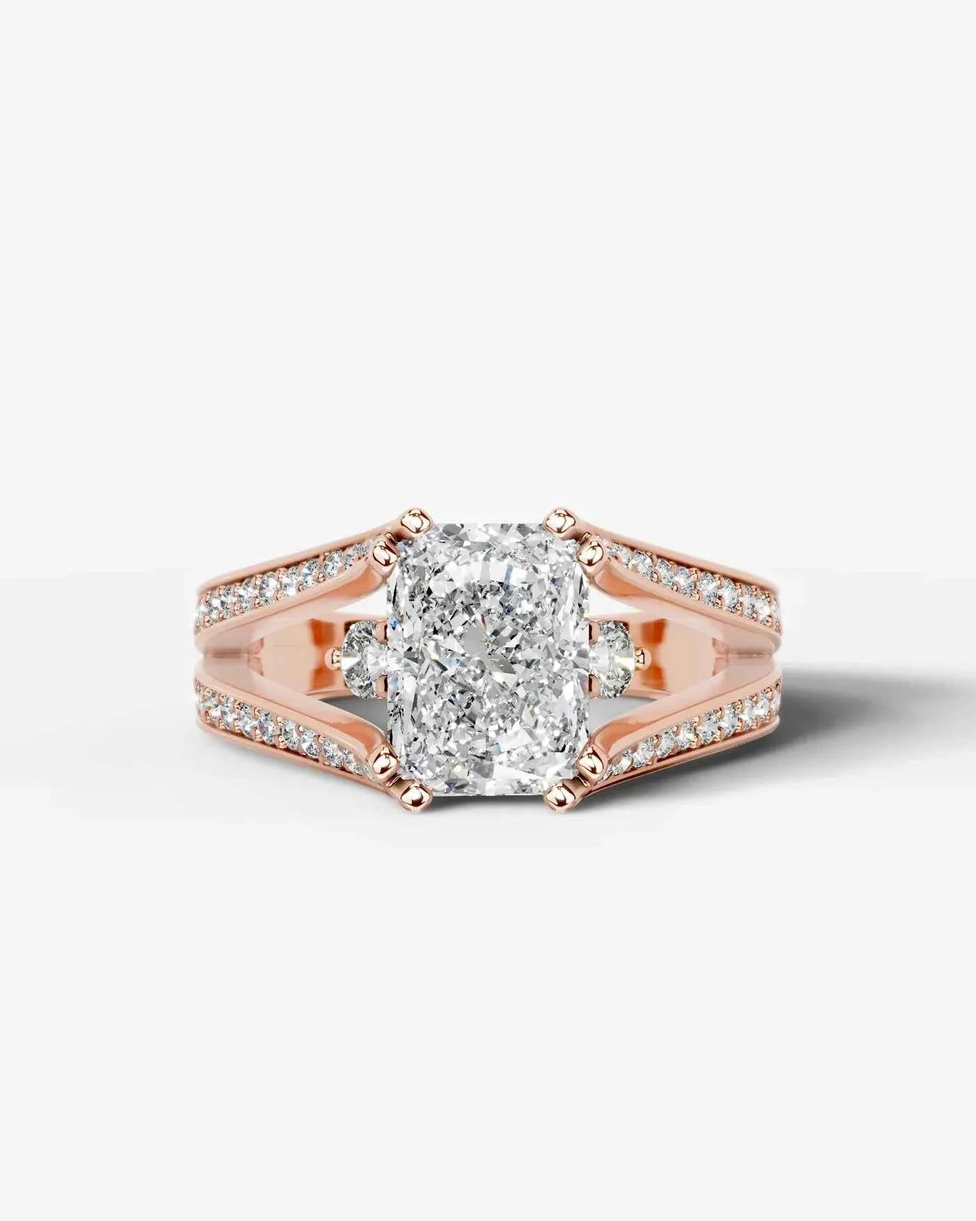 Radiant  Cut Lab Diamond Engagement Ring with split shank pave band and hidden halo| D VS1
