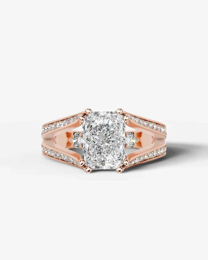Radiant  Cut Lab Diamond Engagement Ring with split shank pave band and hidden halo| D VS1