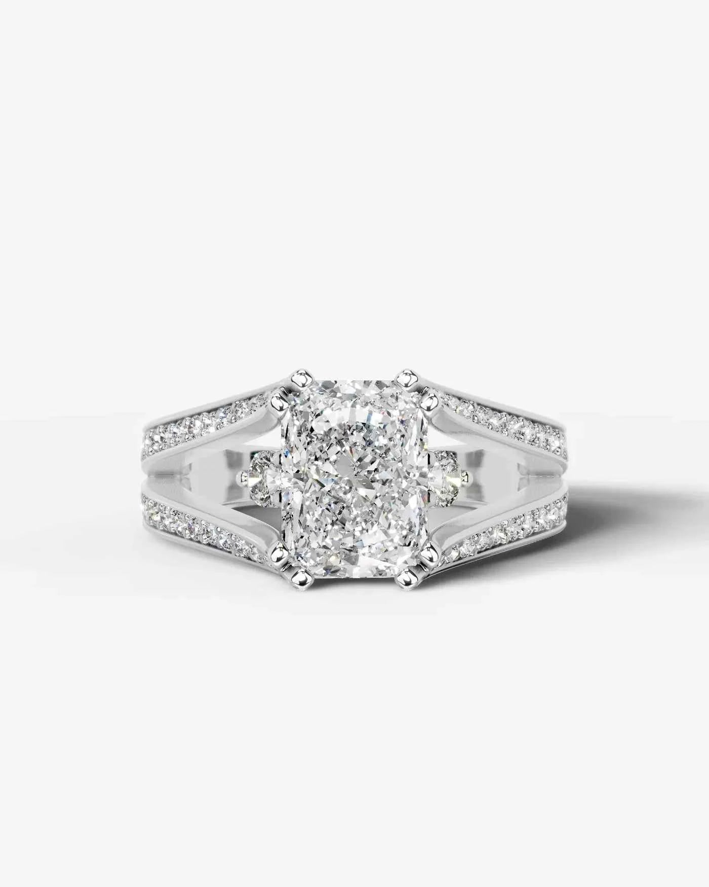 Radiant  Cut Lab Diamond Engagement Ring with split shank pave band and hidden halo| D VS1