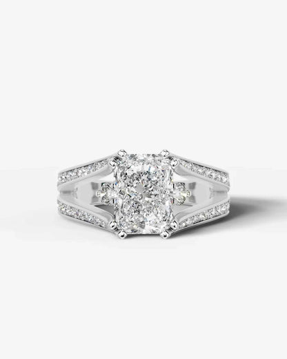 Radiant  Cut Lab Diamond Engagement Ring with split shank pave band and hidden halo| D VS1