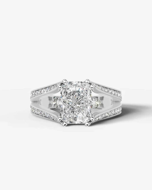 Radiant  Cut Lab Diamond Engagement Ring with split shank pave band and hidden halo| D VS1