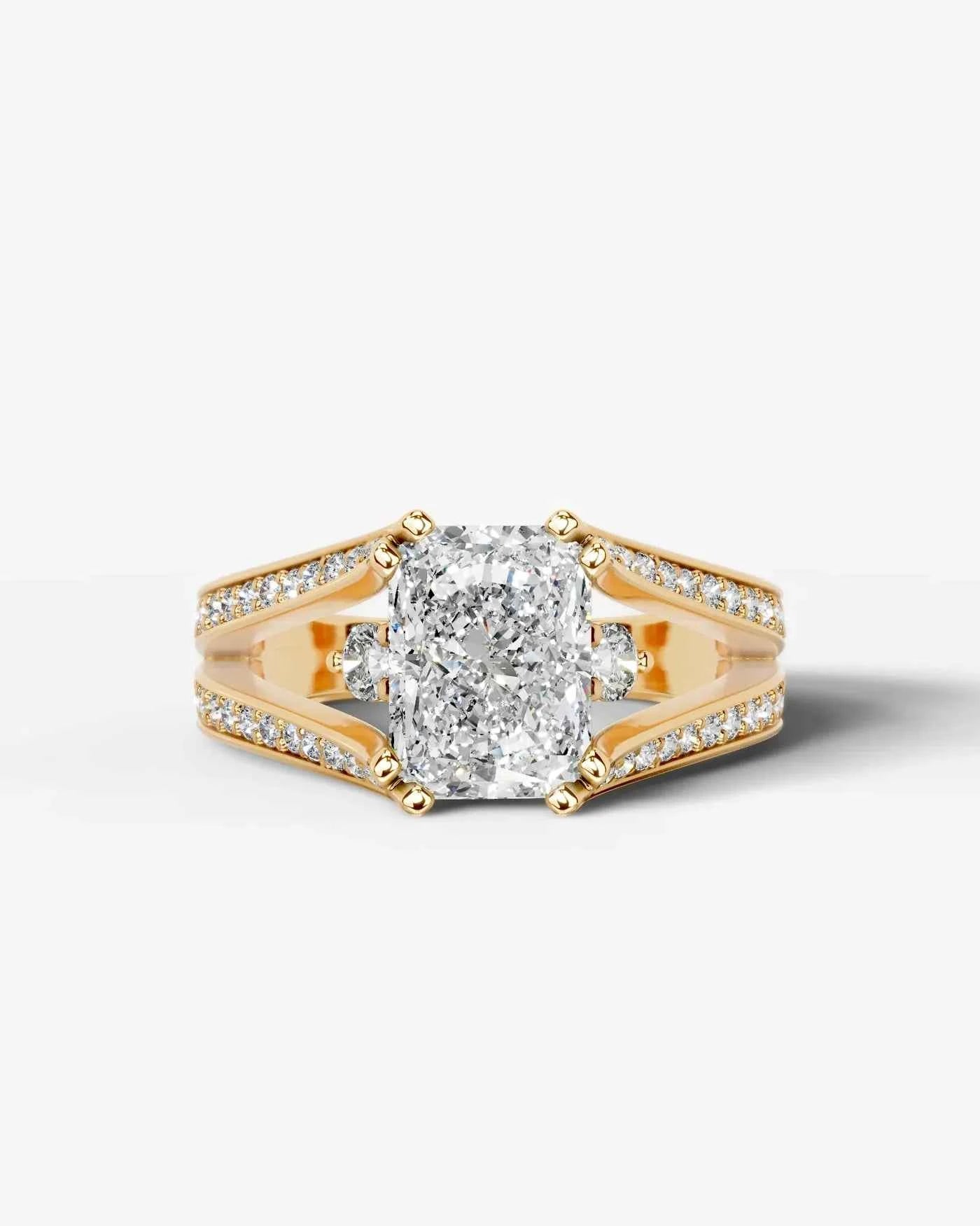 Radiant  Cut Lab Diamond Engagement Ring with split shank pave band and hidden halo| D VS1