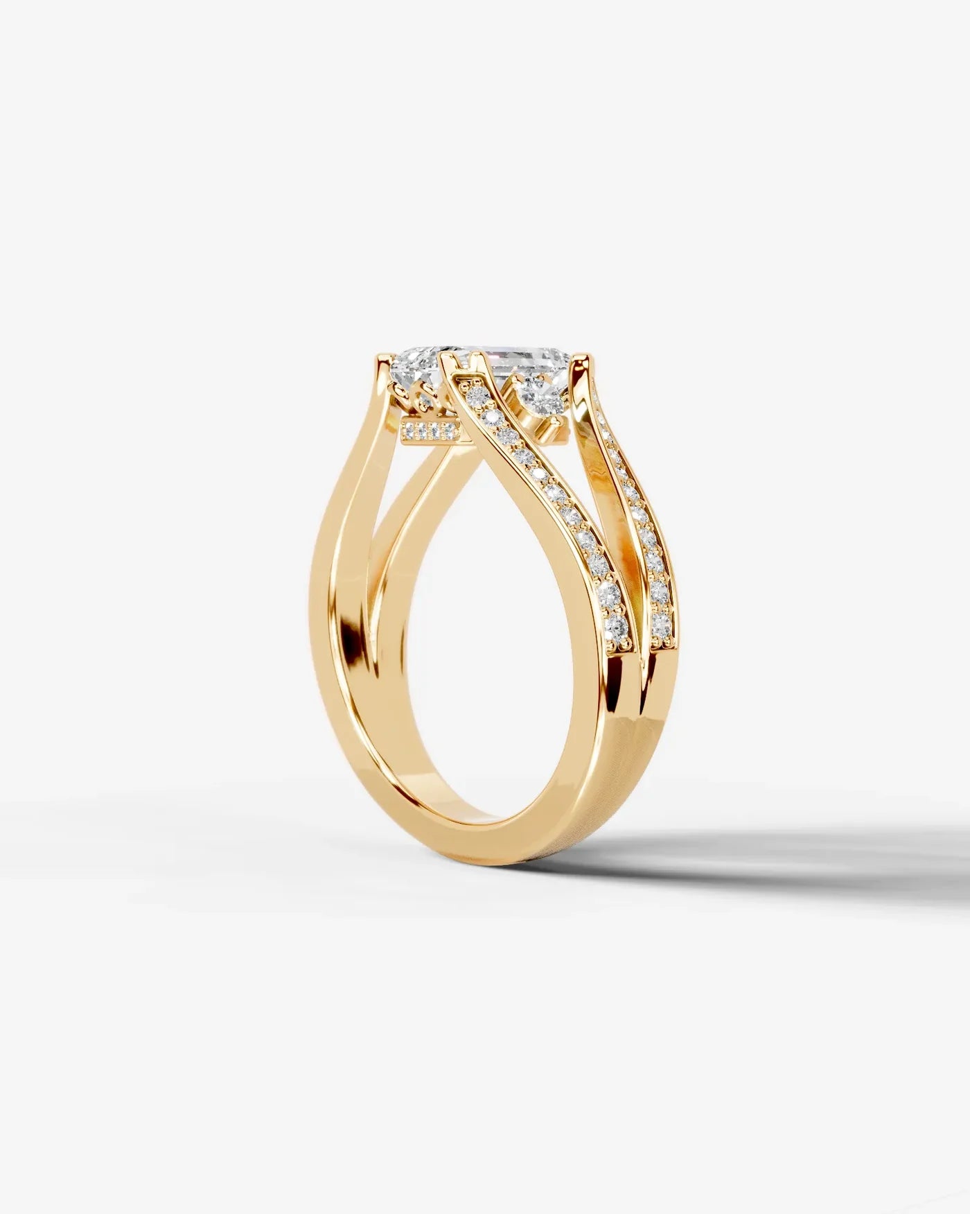 Radiant  Cut Lab Diamond Engagement Ring with split shank pave band and hidden halo| D VS1