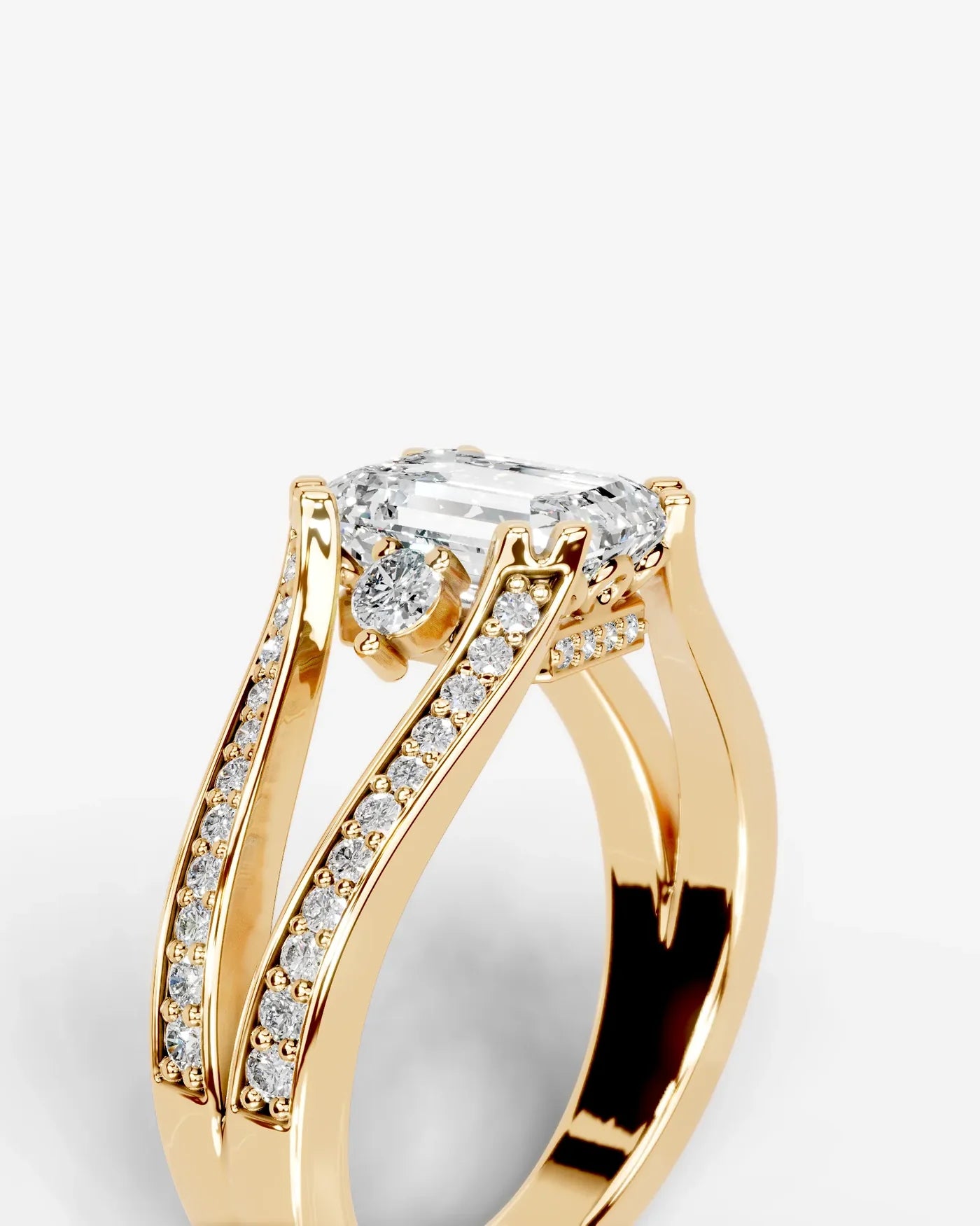 Radiant  Cut Lab Diamond Engagement Ring with split shank pave band and hidden halo| D VS1