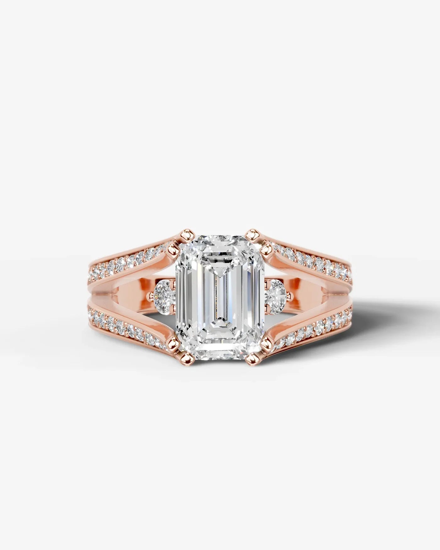 Emerald Cut Lab Diamond Engagement Ring with split shank pave band and hidden halo| D VS1