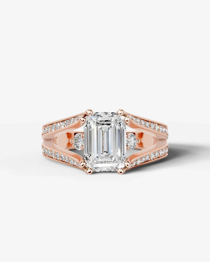 Emerald Cut Lab Diamond Engagement Ring with split shank pave band and hidden halo| D VS1