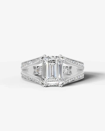 Emerald Cut Lab Diamond Engagement Ring with split shank pave band and hidden halo| D VS1