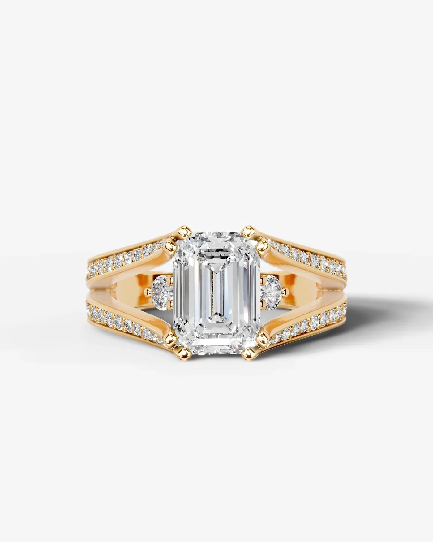 Emerald Cut Lab Diamond Engagement Ring with split shank pave band and hidden halo| D VS1
