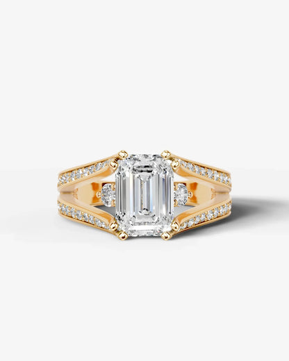 Emerald Cut Lab Diamond Engagement Ring with split shank pave band and hidden halo| D VS1