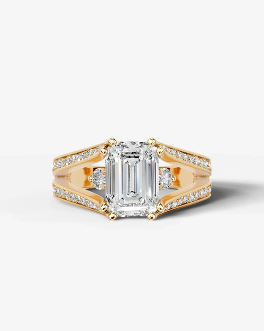 Emerald Cut Lab Diamond Engagement Ring with split shank pave band and hidden halo| D VS1