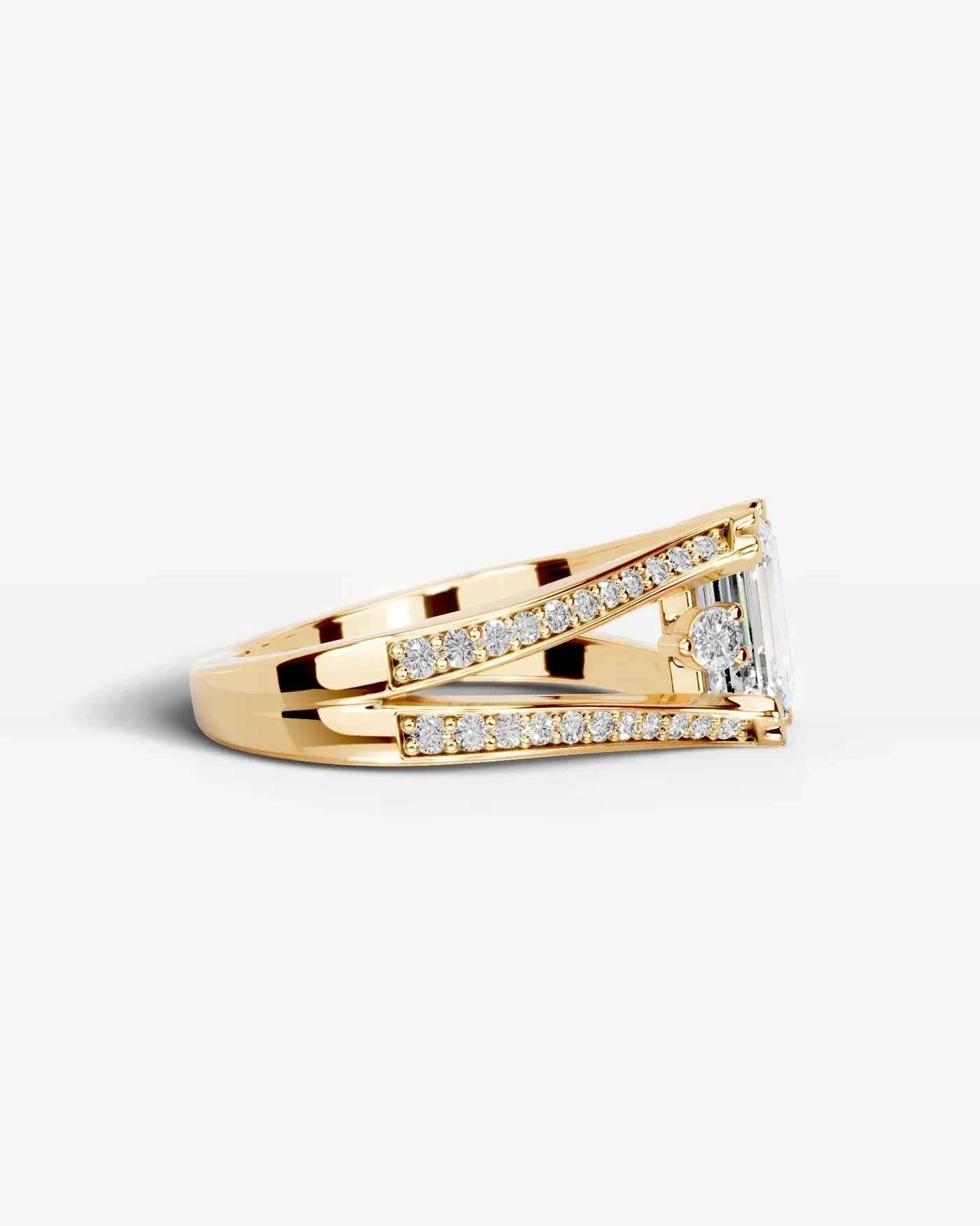 Radiant  Cut Lab Diamond Engagement Ring with split shank pave band and hidden halo| D VS1