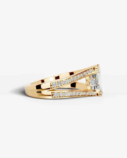 Radiant  Cut Lab Diamond Engagement Ring with split shank pave band and hidden halo| D VS1