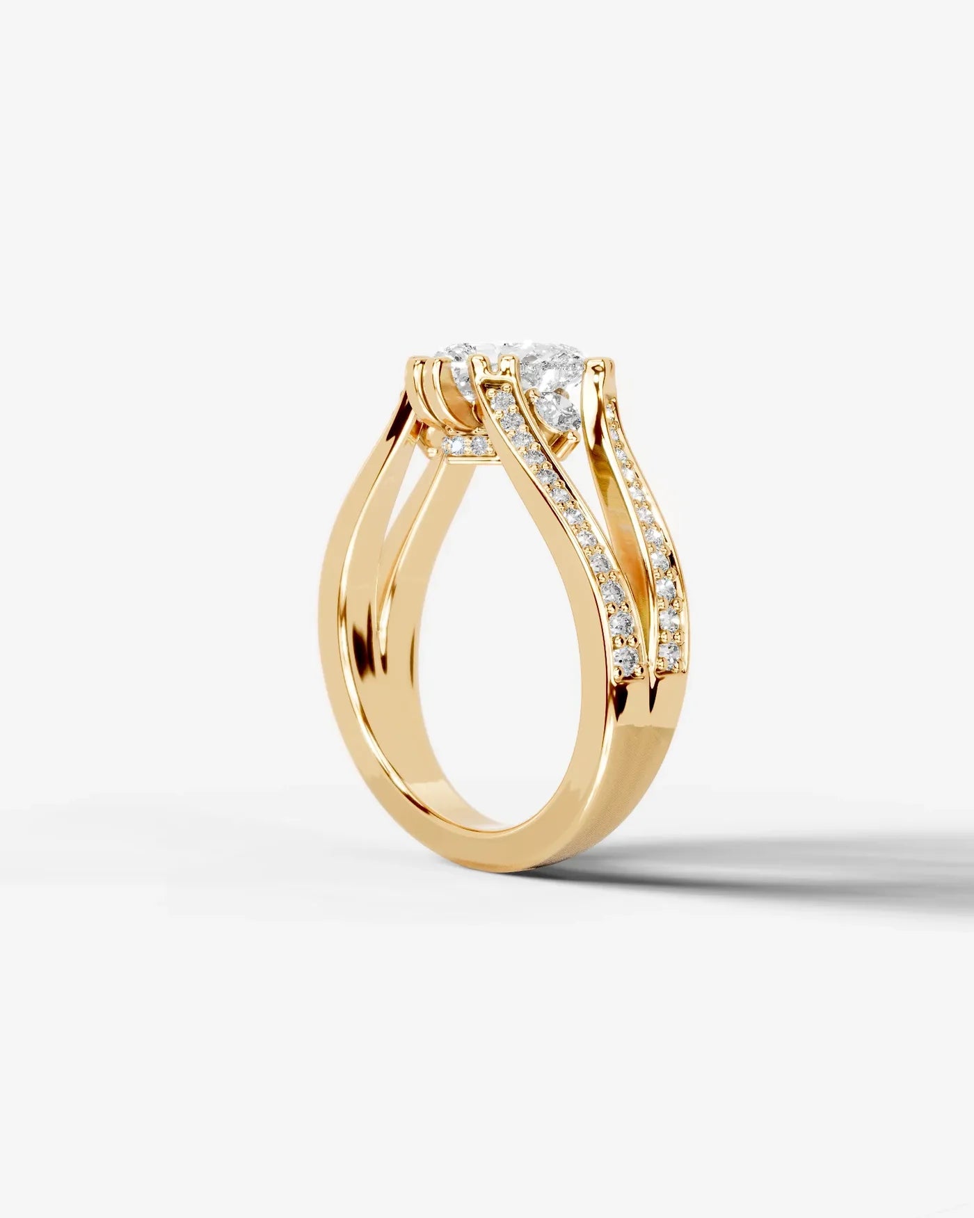 Heart Cut Lab Diamond Engagement Ring with split shank pave band and hidden halo| D VS1