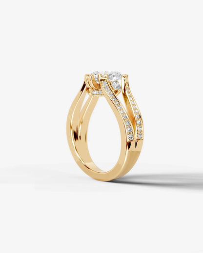 Heart Cut Lab Diamond Engagement Ring with split shank pave band and hidden halo| D VS1