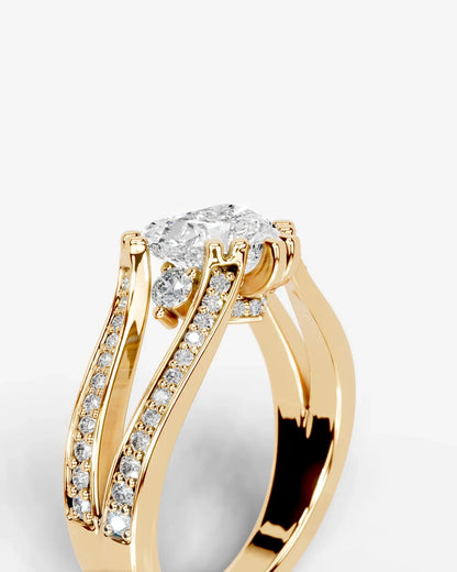Heart Cut Lab Diamond Engagement Ring with split shank pave band and hidden halo| D VS1