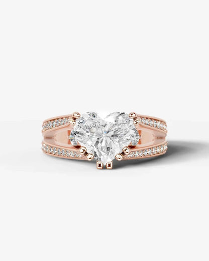 Heart Cut Lab Diamond Engagement Ring with split shank pave band and hidden halo| D VS1