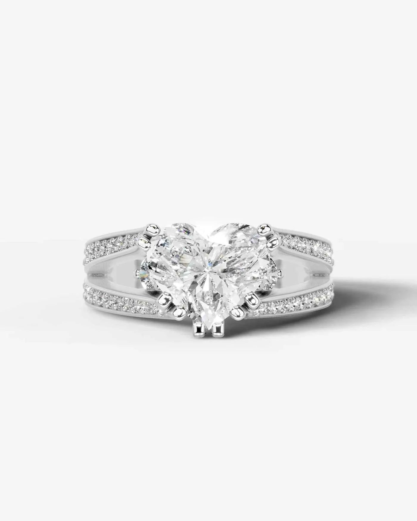 Heart Cut Lab Diamond Engagement Ring with split shank pave band and hidden halo| D VS1