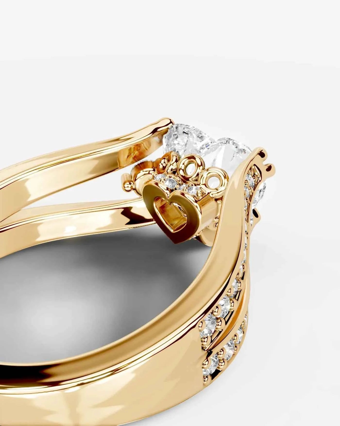 Heart Cut Lab Diamond Engagement Ring with split shank pave band and hidden halo| D VS1