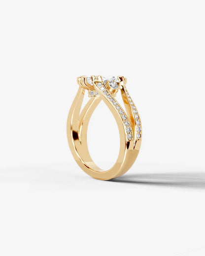 Marquise Cut Lab Diamond Engagement Ring with split shank pave band and hidden halo| D VS1