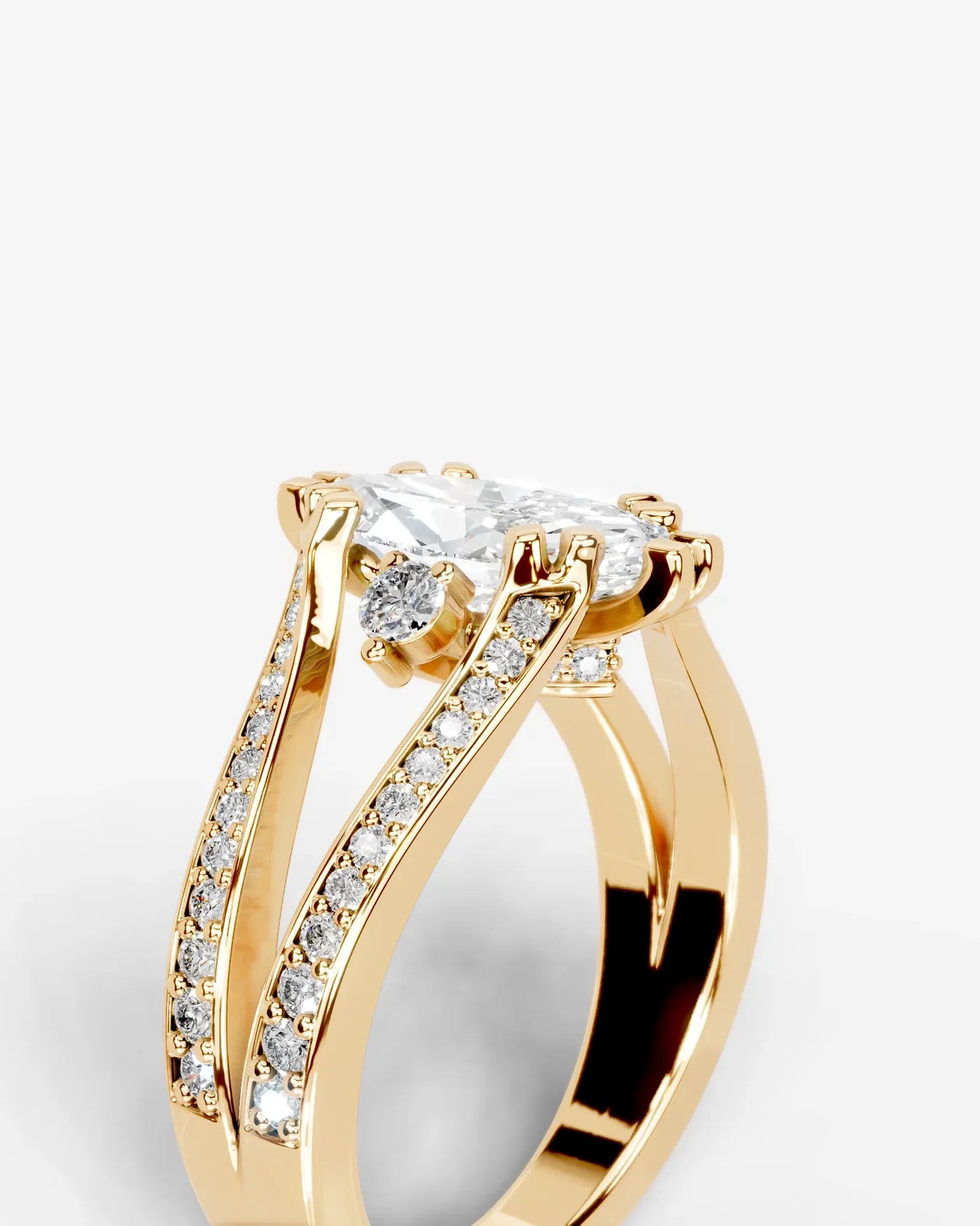 Marquise Cut Lab Diamond Engagement Ring with split shank pave band and hidden halo| D VS1