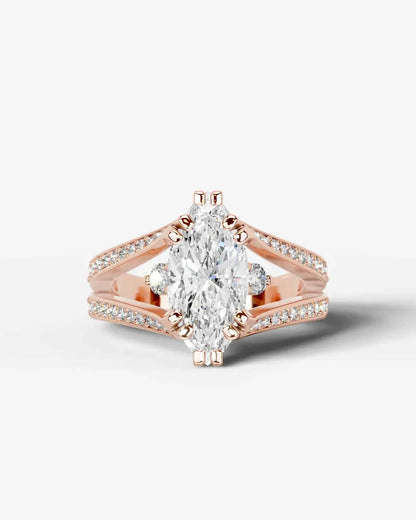 Marquise Cut Lab Diamond Engagement Ring with split shank pave band and hidden halo| D VS1