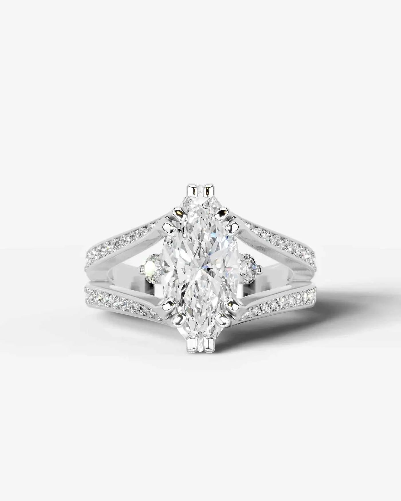 Marquise Cut Lab Diamond Engagement Ring with split shank pave band and hidden halo| D VS1
