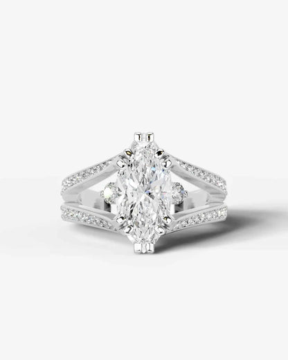 Marquise Cut Lab Diamond Engagement Ring with split shank pave band and hidden halo| D VS1