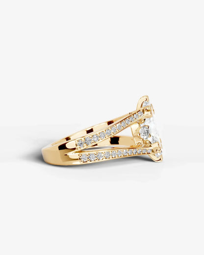 Marquise Cut Lab Diamond Engagement Ring with split shank pave band and hidden halo| D VS1