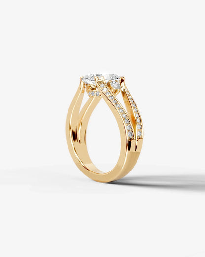 Oval Cut Lab Diamond Engagement Ring with split shank pave band and hidden halo| D VS1