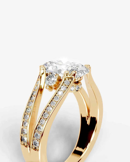 Oval Cut Lab Diamond Engagement Ring with split shank pave band and hidden halo| D VS1