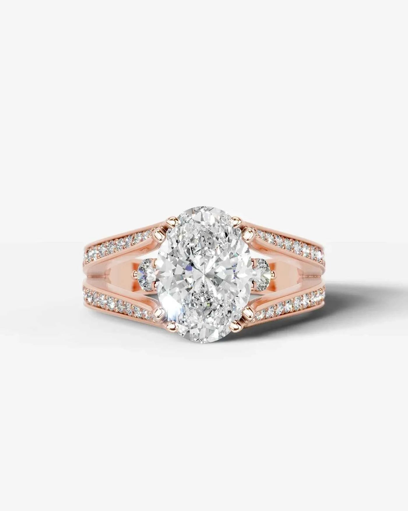 Oval Cut Lab Diamond Engagement Ring with split shank pave band and hidden halo| D VS1