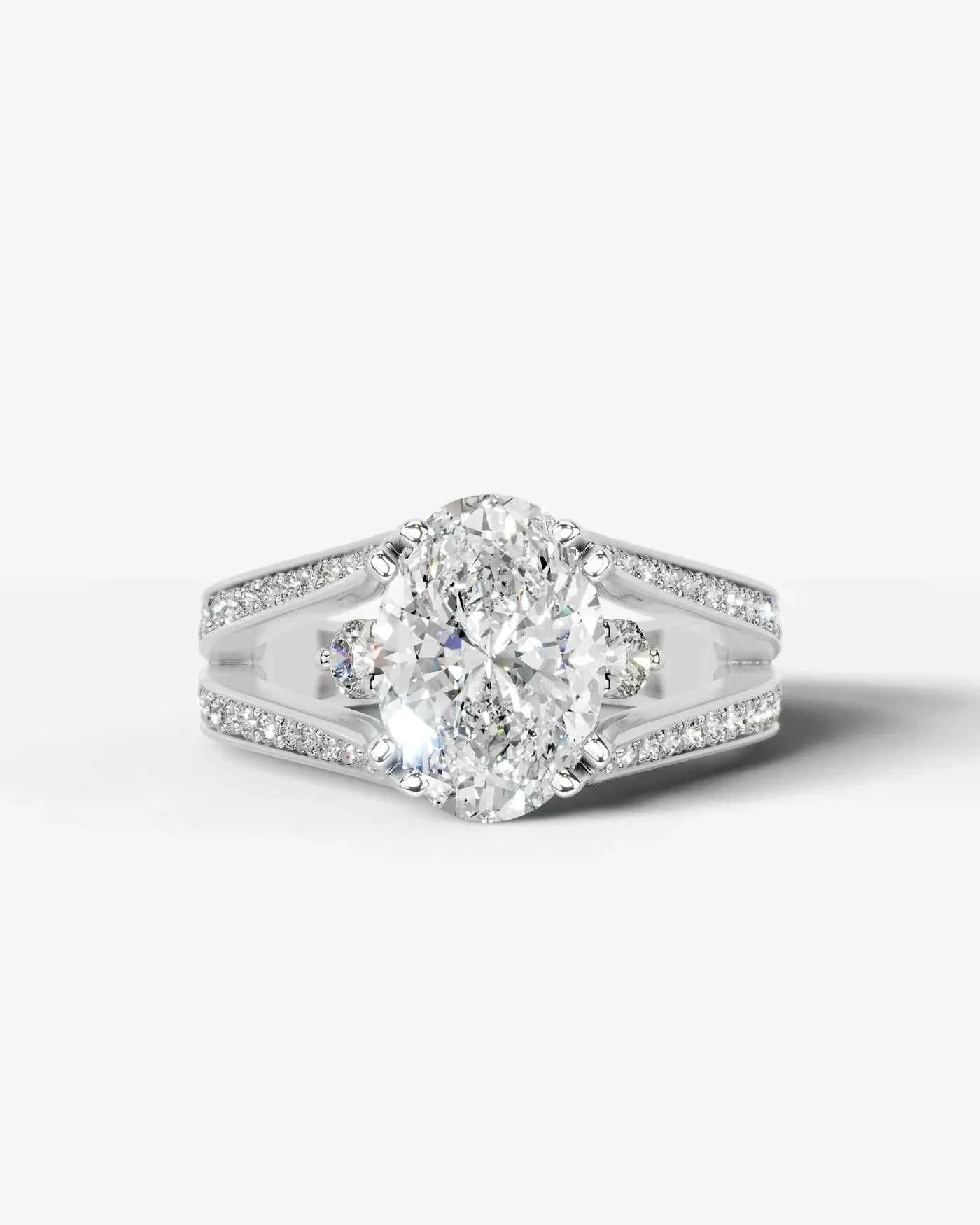 Oval Cut Lab Diamond Engagement Ring with split shank pave band and hidden halo| D VS1