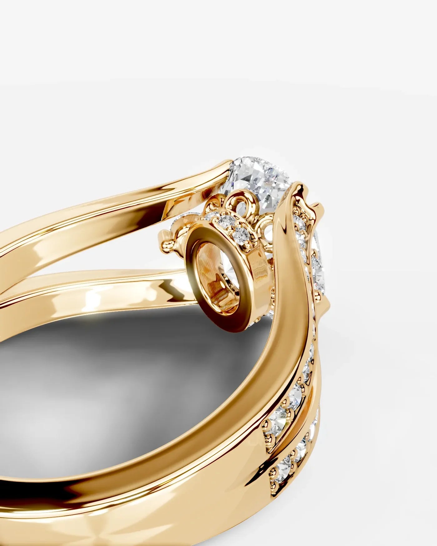 Oval Cut Lab Diamond Engagement Ring with split shank pave band and hidden halo| D VS1