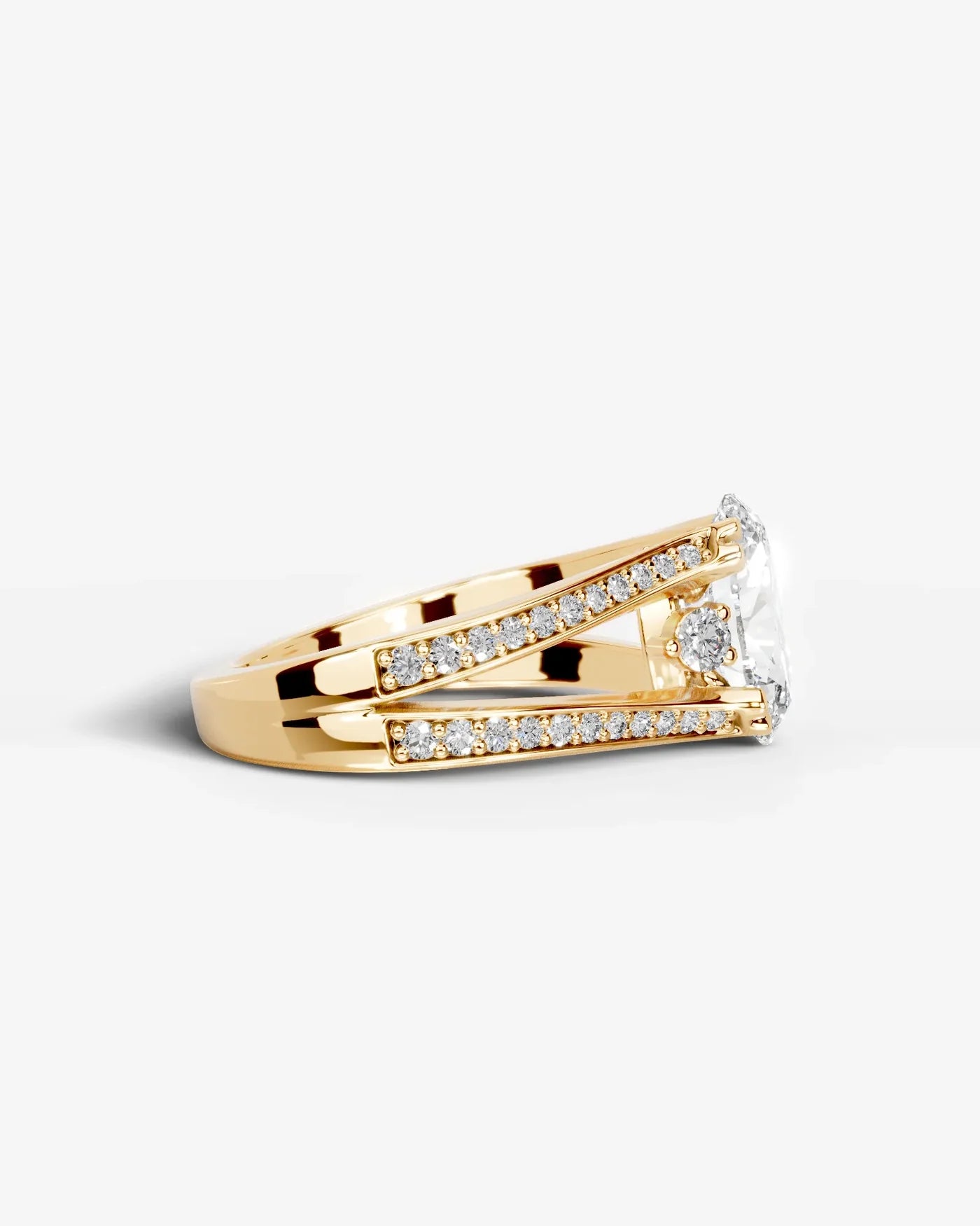Oval Cut Lab Diamond Engagement Ring with split shank pave band and hidden halo| D VS1