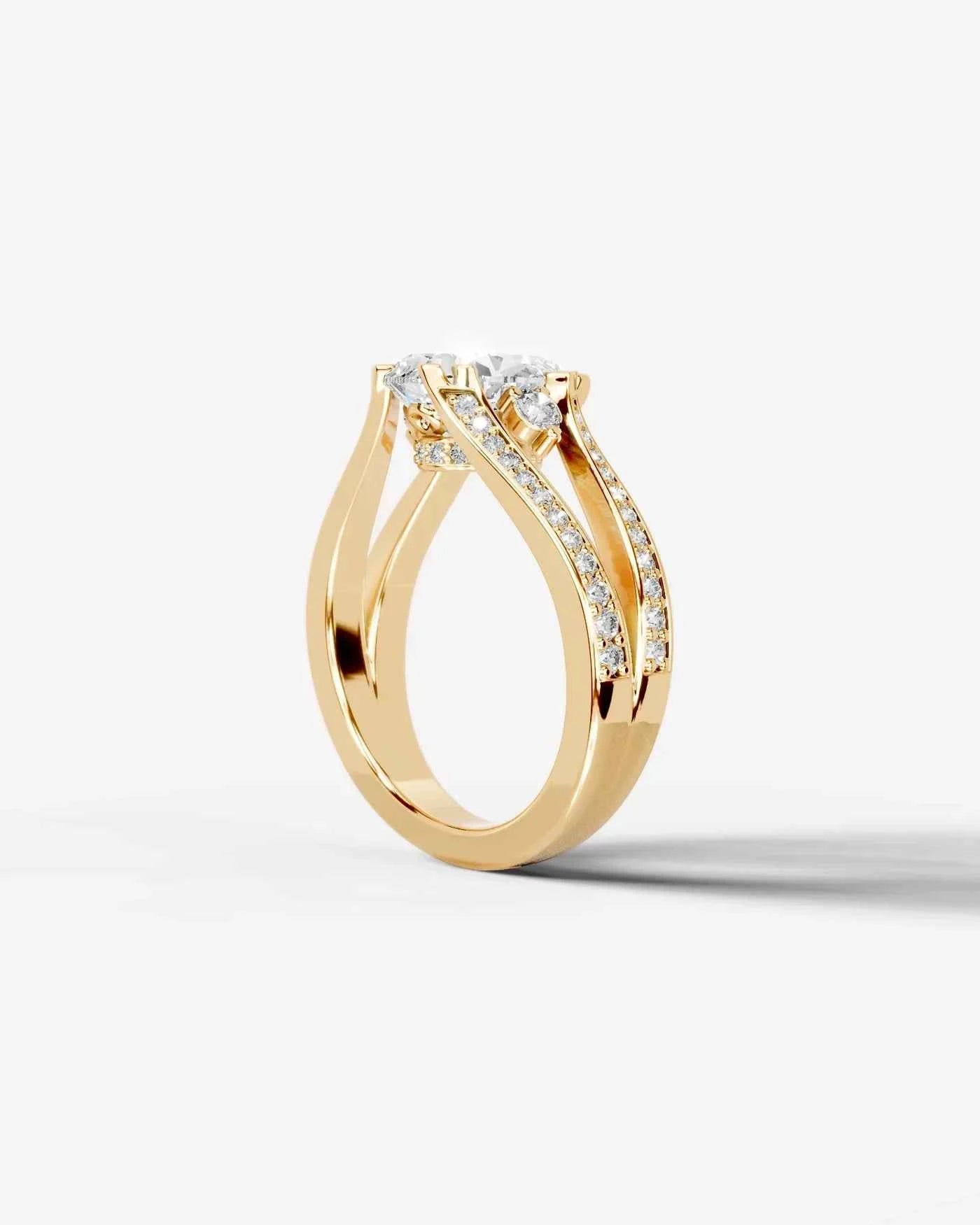 Pear Cut Lab Diamond Engagement Ring with split shank pave band and hidden halo| D VS1