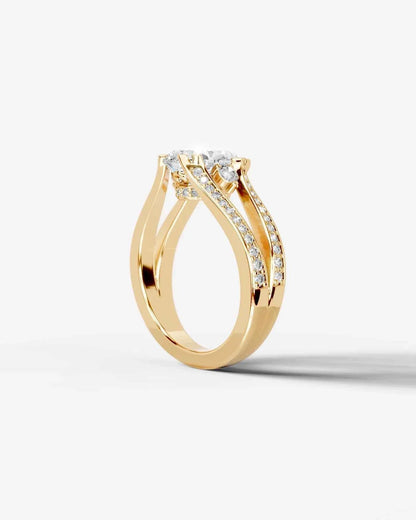 Pear Cut Lab Diamond Engagement Ring with split shank pave band and hidden halo| D VS1