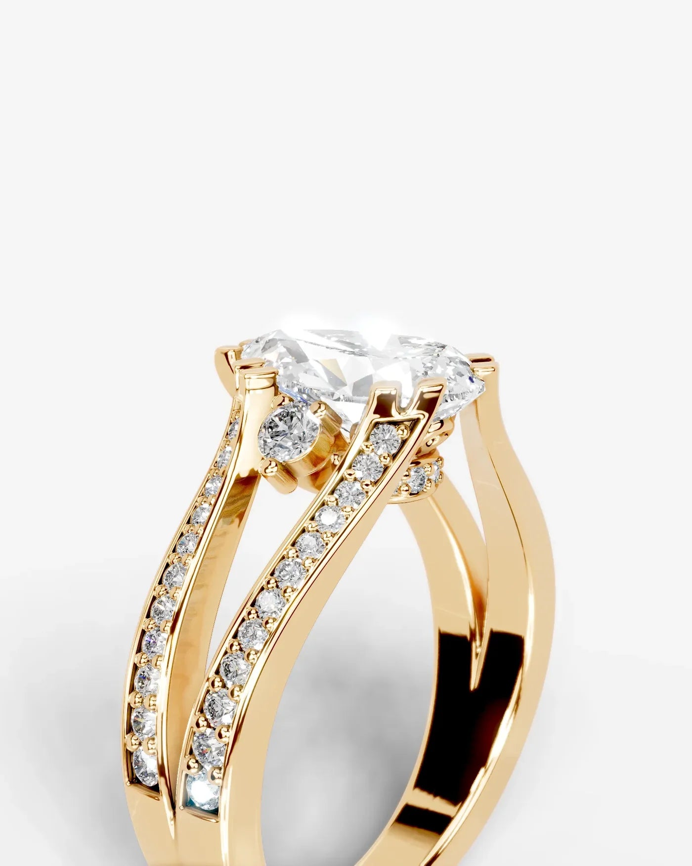 Pear Cut Lab Diamond Engagement Ring with split shank pave band and hidden halo| D VS1